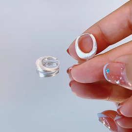 s925纯银拉丝磨砂素圈耳环女ins小众极简百搭秋冬磨砂椭圆形耳扣