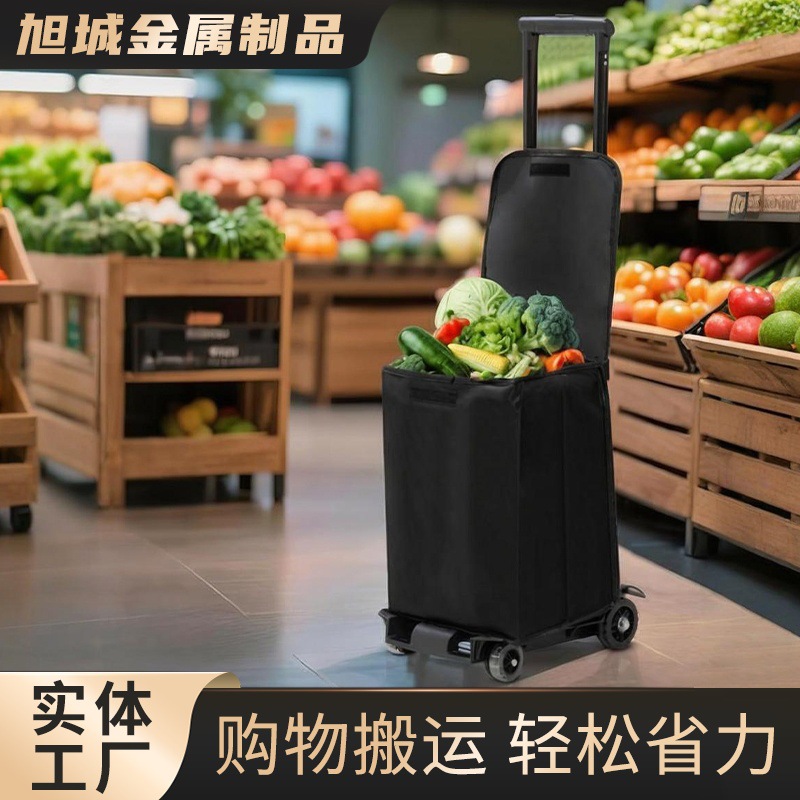 Four-wheel portable grocery shopping cart with large capacity, waterproof Oxford fabric bag, labor-saving and foldable for elderly use