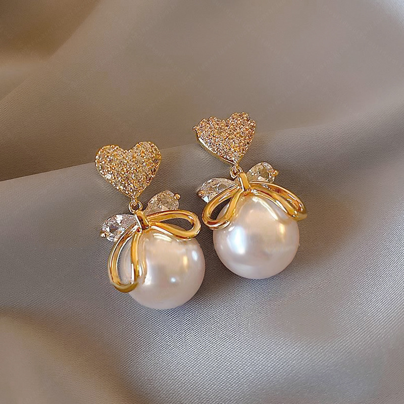 골드 다이아몬드 하트 리본 진주 귀걸이