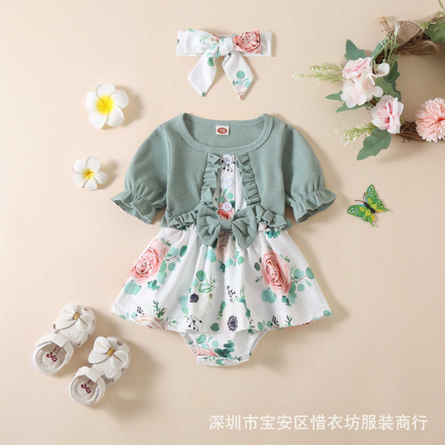 Summer and Autumn New Baby Girls' One-piece Romper with Short Sleeve Top, False Two-Piece with Bow Print Skirt, Diaper Cover Tunic Dress