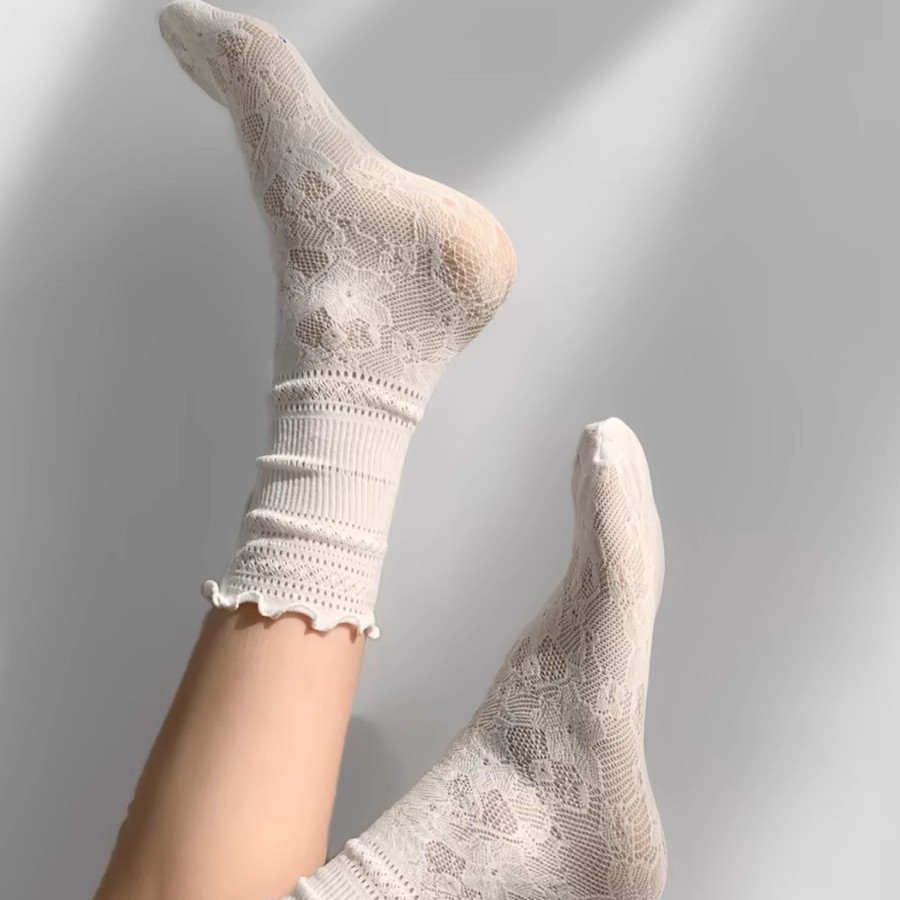 Socks Women's Summer Thin Lace Lace Socks Korean-style Sweet-style Hollow Mesh Piled Socks with Small Leather Shoes