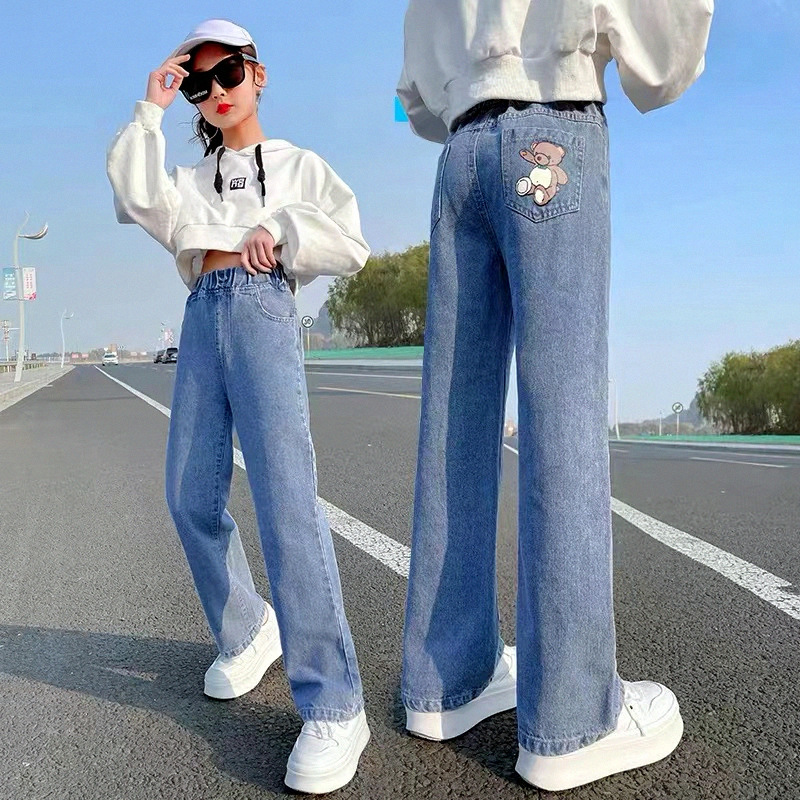 女の子のワークジーンズ春と秋の新しい工場子供服卸売中型および大型子供用ストレートレッグルーズワイドレッグ子供用ズボン|undefined