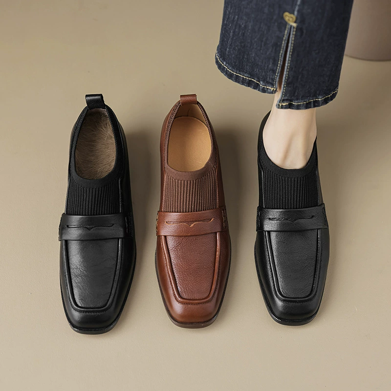 Keep warm retro fleece leather loafers, cowhide