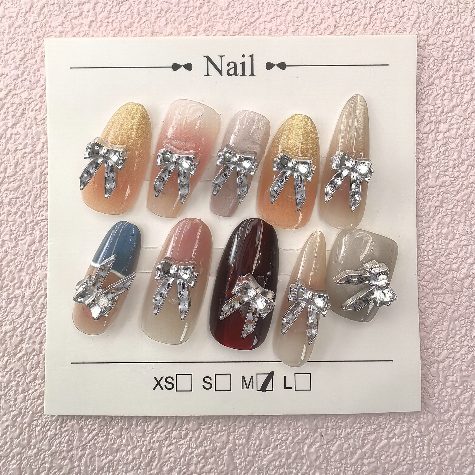 银色法式蝴蝶结美甲饰品合金喷漆法式精致立体复古简约蝴蝶结美甲