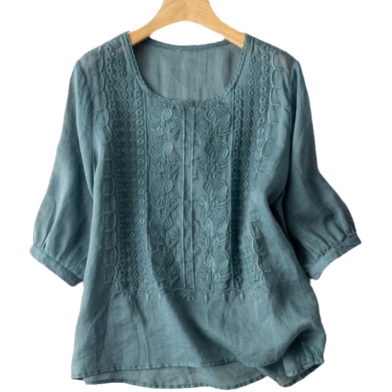 女性の綿麻の薄いタイプの刺繍の夏の新型の丸首の上着の文芸の復古の通気性の泡の袖の半袖の女性のtシャツ