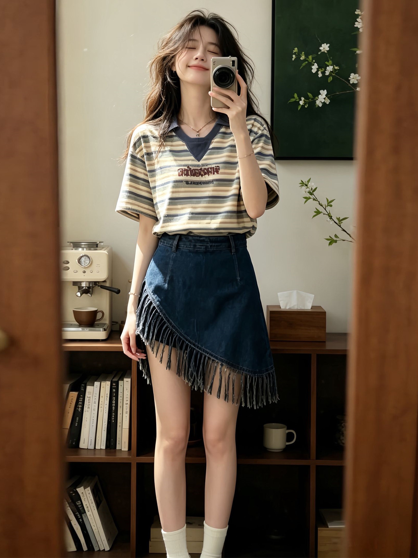 Bộ áo thun sọc ngắn tay kết hợp chân váy jean nữ phong cách Hàn Quốc — Trang chủ