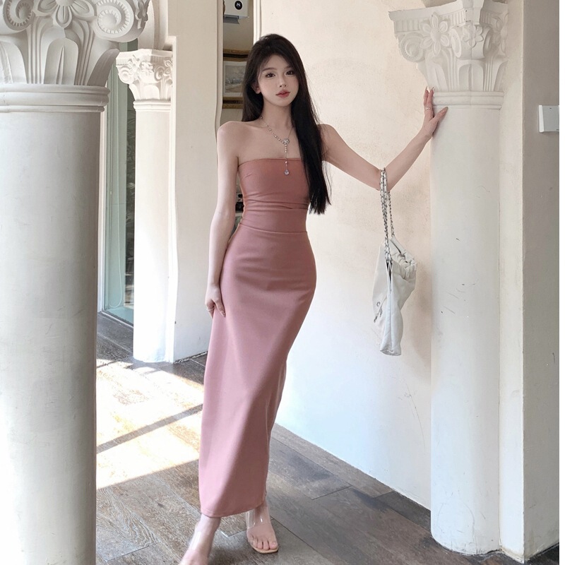 Sweet and Spicy Girl One-Shoulder Tube Top Dress for Women, New Summer Thai Travel Style, Pure Desire Dress with Slit, Slimming Long Dress