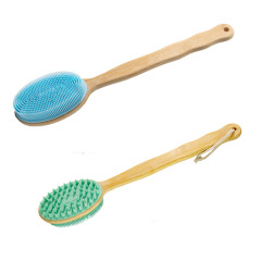 Soft bristle shower brush with long handle, bath brush for adults, back scrubber, silicone double-sided shower brush