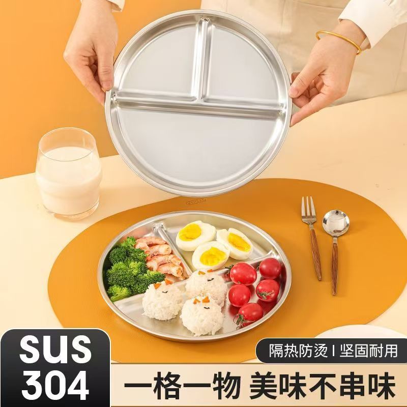Factory Direct Supply 304 Stainless Steel Fast Food Plate School Canteen Students Split Rice Plate Children's Plate Cross-border