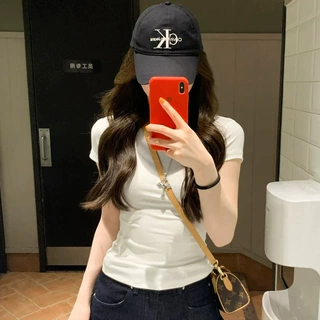 韩系白色正肩圆领短袖t恤女夏季外穿修身显瘦休闲紧身打底上衣薄
