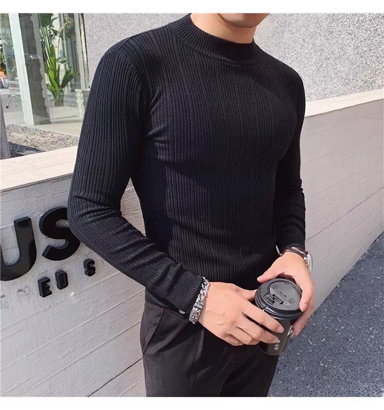 Men's British Style Slim Fit Turtleneck Sweater Korean Style Knitwear Casual Striped Base Layer Autumn New Versatile_viptrois.com