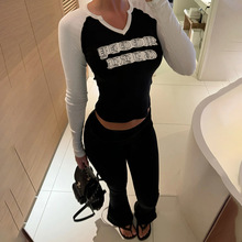 2025外贸女装字母印花拼色潮流长袖T恤微喇长裤套装休闲两件套春