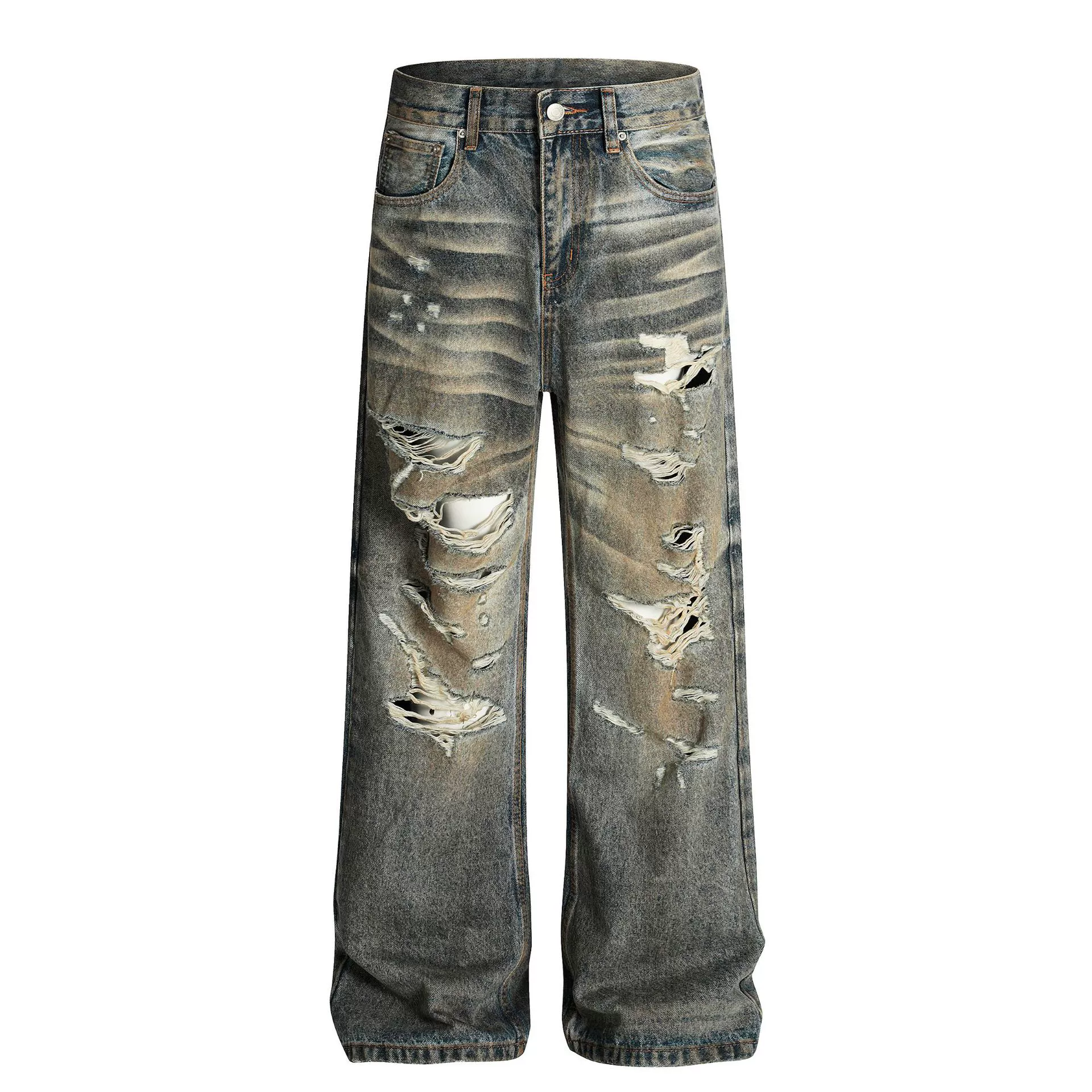 Мужские джинсы свободного кроя, ретро рваные, «усики» эффект, синие, размеры S–XXL
