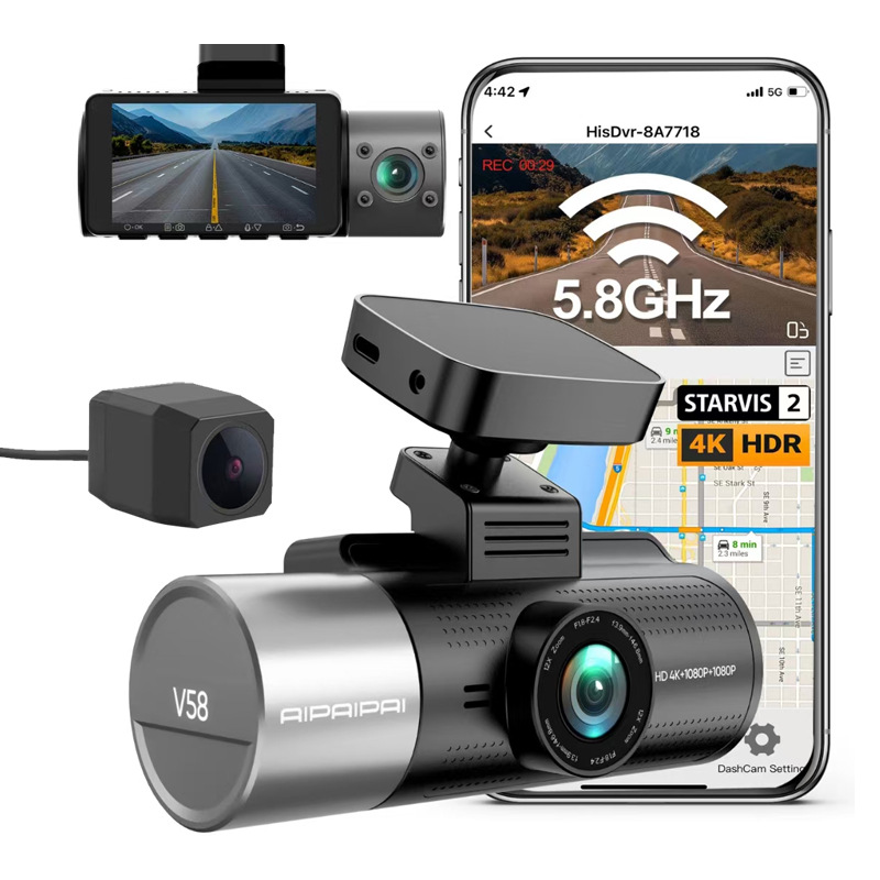4K+1080P+1080P 3-Lens Dash Cam with Front, Rear, and Interior Cameras, Built-In Gps, High-Definition Night Vision
