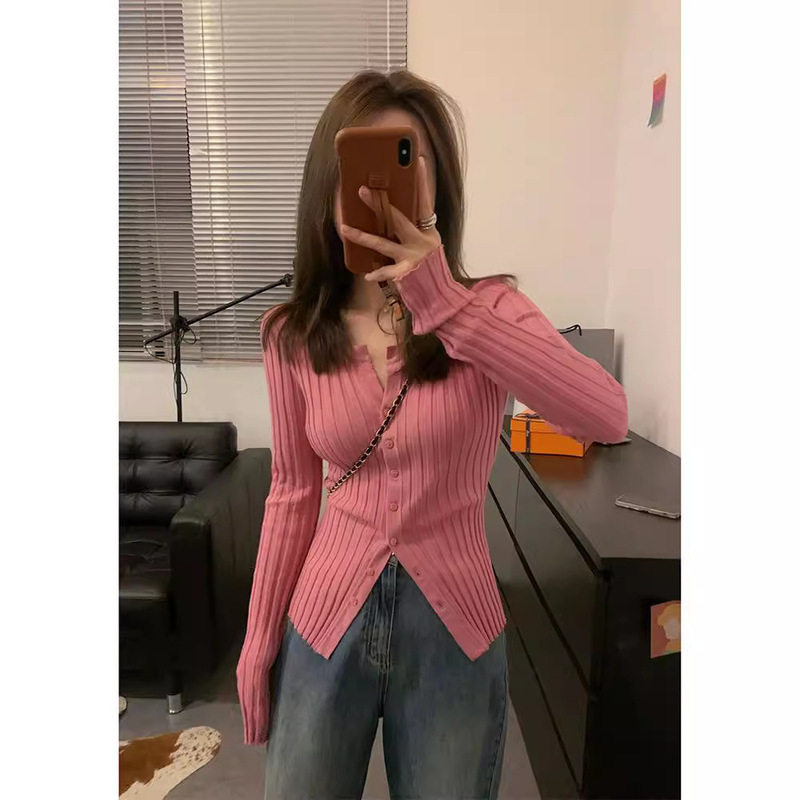 Royee autumn C- bit knitted slimming A4 waist split vertical stripe sweater round neck gentle undershirt