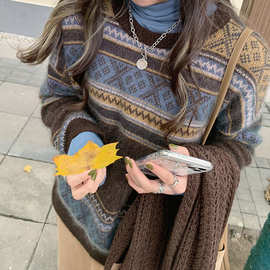 复古秋冬新款山羊绒女圆领针织衫软糯毛衣宽松上衣羊毛打底毛衣