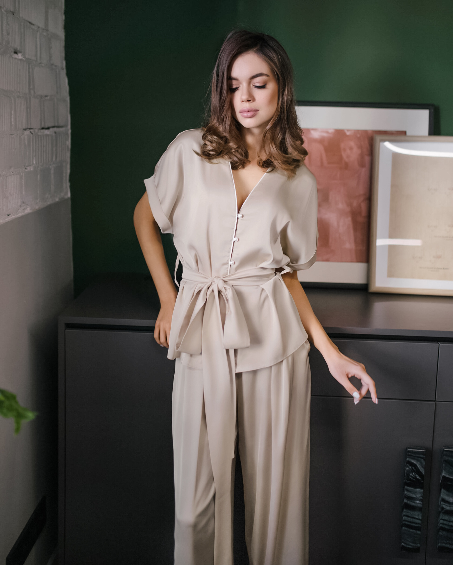 V-neck short-sleeved single-breasted top and wide leg trousers set NSSQS137809