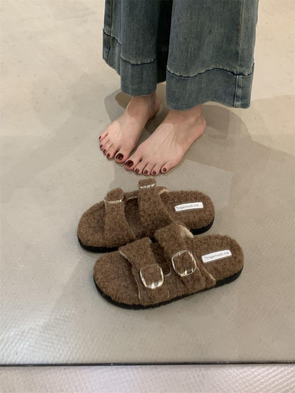 韩版勃肯毛毛拖鞋女外穿秋冬新款羊羔毛厚底一脚蹬懒人棉拖鞋子女|undefined
