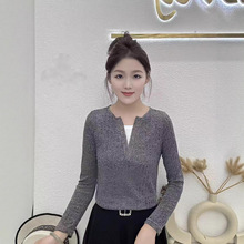 2025秋季新款修身正肩拼接领假两件打底衫女螺纹设计感长袖上衣