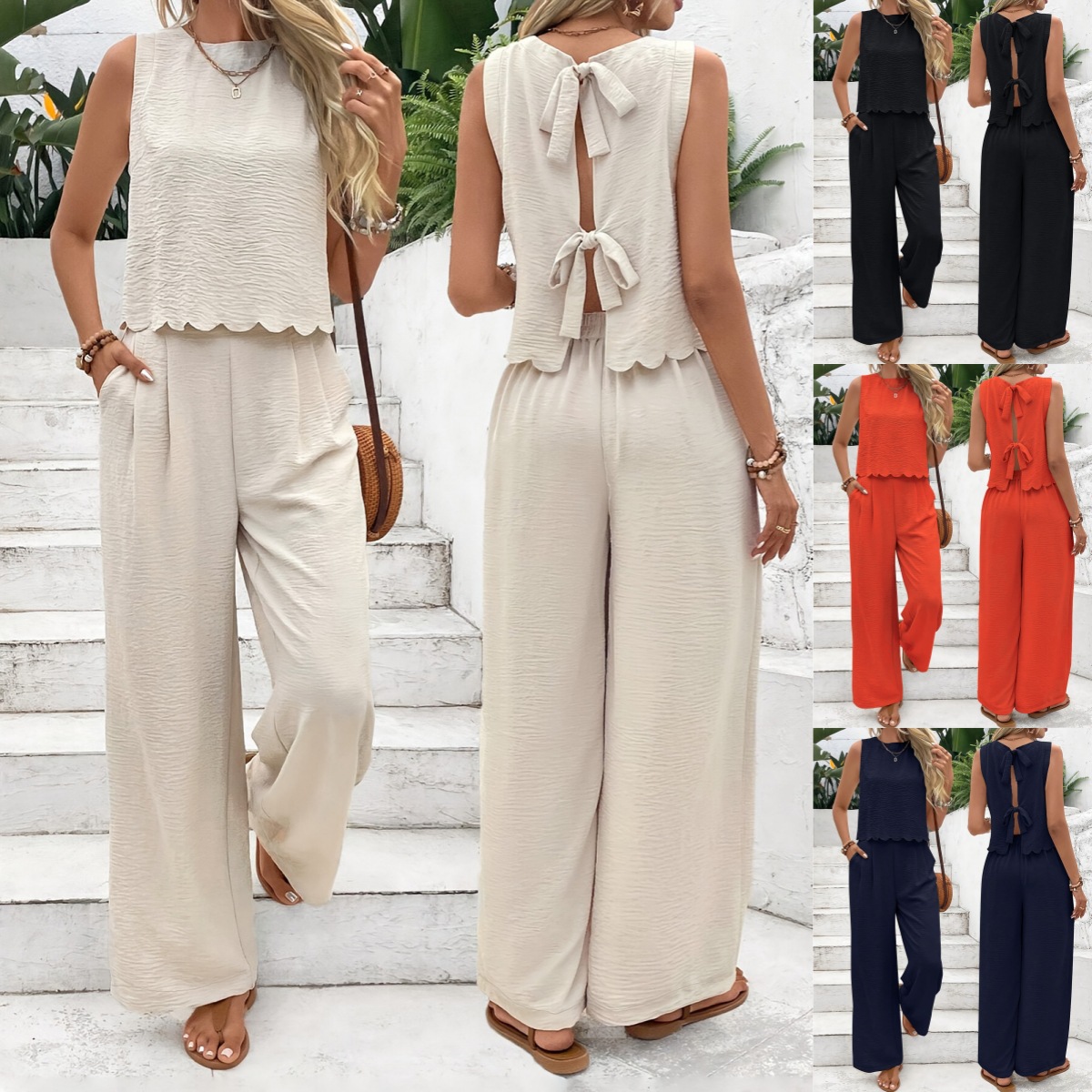 357g Weight Sleeveless Sleeve Length Polyester Fabric Type Pant Co-ord Set Sets Type 2 Pieces Set Quantity Casual, Street Occasion Round Neck Neckline Regular Fit Fit Type Solid Color Pattern Summer Season Women's Gender Casual, Classic Style Style Casual Street Women's Casual Classic Style Solid Color Polyester Pant Co-ord Set Pants Sets 无