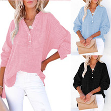 欧美大码跨境外贸秋季褶皱立领衬衫气质通勤长袖V领纽扣女装上衣