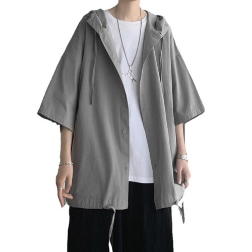Thin, Loose, Fashionable Streetwear Hooded Sweatshirt, Shirt-like Outerwear for Men, Summer, Ins, Hong Kong Style, Japanese Style, Five-Button Sleeve