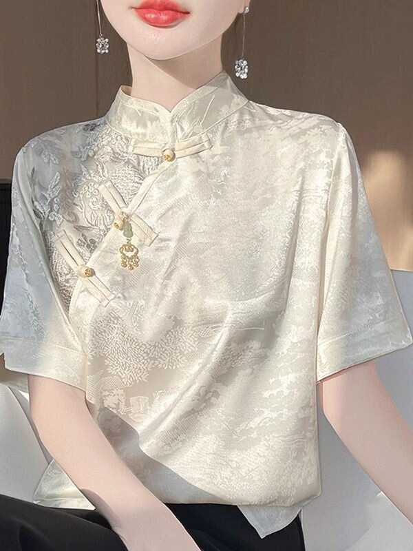 National Style Stand Collar Buttoned Short-Sleeve Top, Retro Light Luxury Plus-Size New Chinese-Style Shirt T-Shirt with a High-End Feel, Women's Printed Ins Style