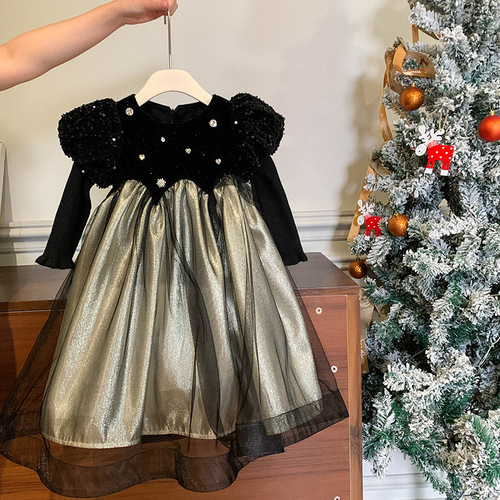 Children's clothing, girls' advanced heavy-duty dress, autumn and winter sleeves, thickened skirt, velvet dress, baby girl's birthday princess dress