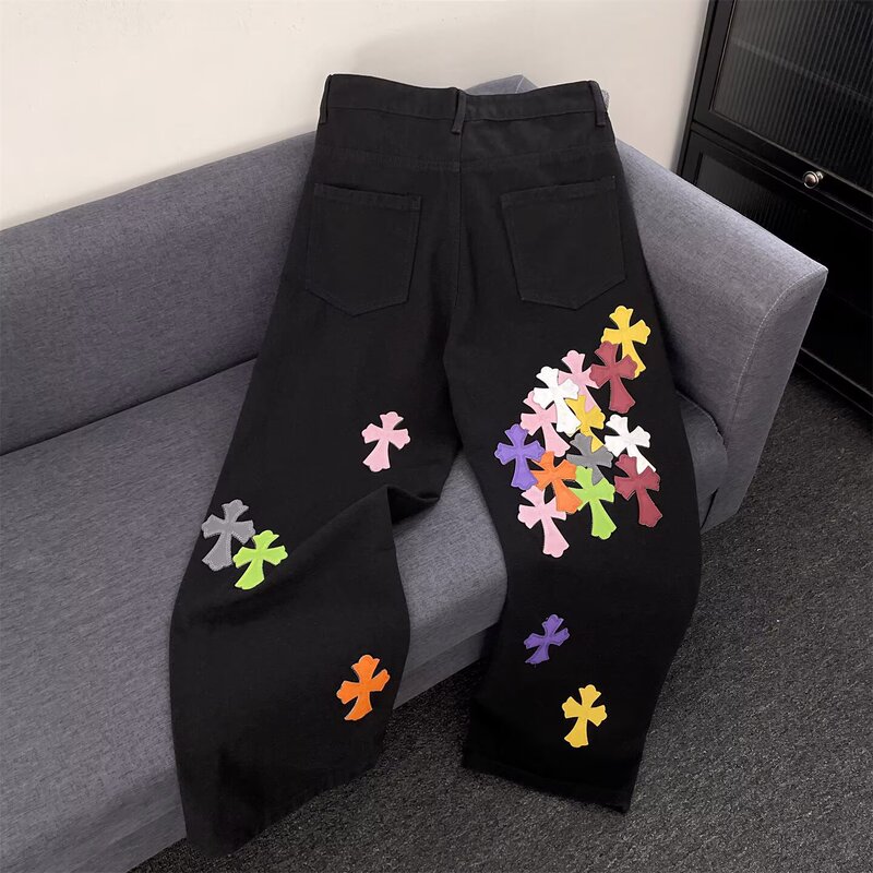 Crow Style Leather Label Cross American High Street Fashion Brand Retro Washed Loose Casual Straight Jeans for Men