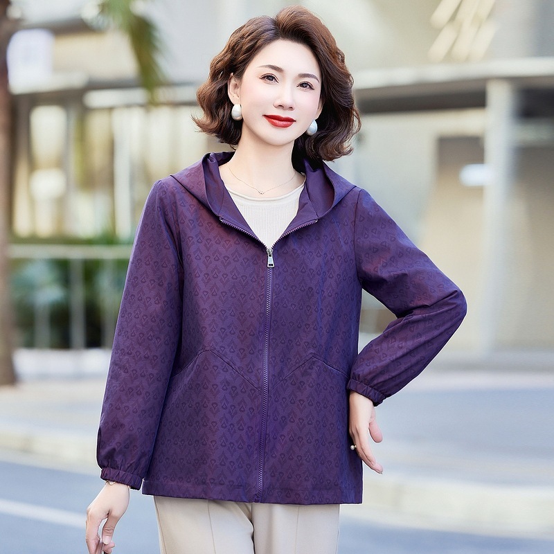 2025新款春秋女士夹克外套时尚洋气中老年妈妈装休闲连帽风衣外套|undefined