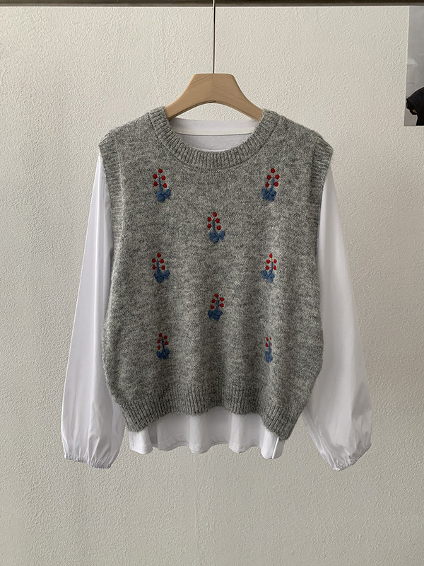 衣长55胸围50 羊驼绒针织毛衣马甲上衣花卉绣花精品时尚套头衫|undefined
