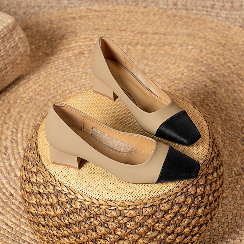 Raudonos spalvos avikailio odos siuviniai, negilūs bateliai moterims, 2023 m. pavasario nauji, kvadratiniai bateliai, storu kulnu, minkštos odos aukštakulniai_voghion.com