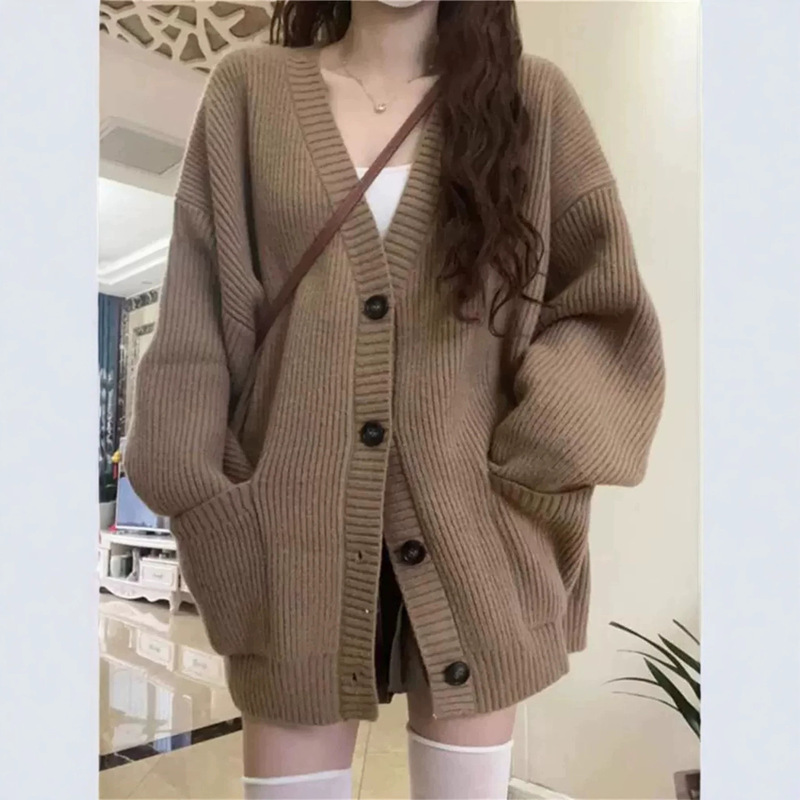 2026 Casual Style Solid Color Knit Cardigan, Loose Fit, Plus Size, Slimming V-Neck Coat, Mid-Length Chunky Knit Sweater