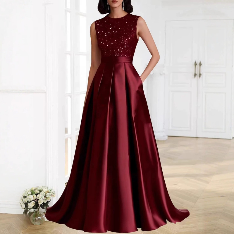 Amazon European and American Style Sequin Patchwork Satin A-Line Evening Dress Women's Long Dress Banquet Party Host Evening Dress Amazon European and American Style Sequin Patchwork Satin A-Line Evening Dress Women's Long Dress Banquet Party Host Evening Dress