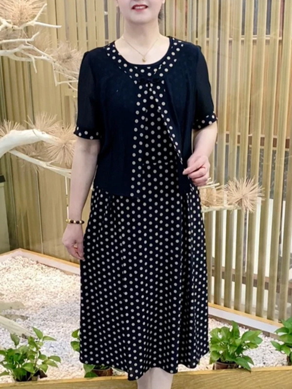 女性用フェイクツーピースドレス、夏用スリムロングスカート、大きいサイズ、中高年ママ、水玉半袖スカート、ミドル丈|undefined
