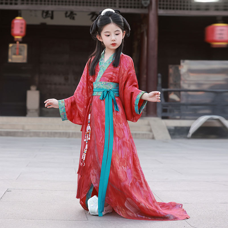 Children's Red Autumn Performance Costume, Chinese Style Straight Hem Hanfu Traditional Cross-Collar Long Shirt Wholesale Children's Red Autumn Performance Costume, Chinese Style Straight Hem Hanfu Traditional Cross-Collar Long Shirt Wholesale