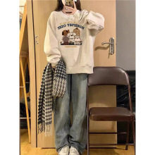 花灰色圆领卫衣女秋冬加绒加厚宽松慵懒山东即墨情侣无帽长袖上衣