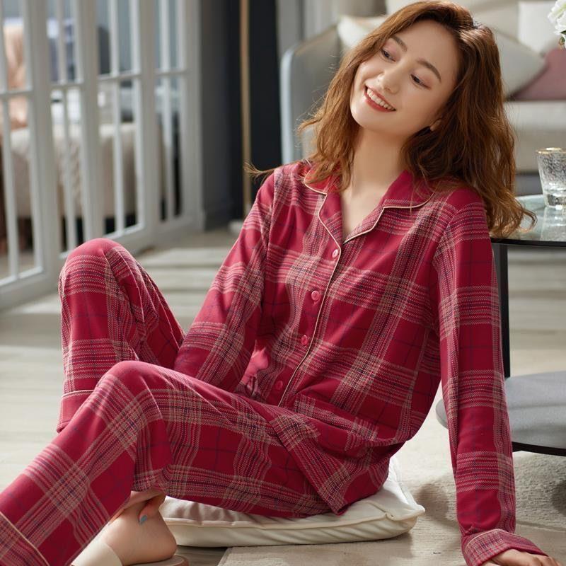 100% pijamas de algodón puro de las mujeres de primavera y otoño de manga larga Otoño e Invierno casual cómodo Plaid desgaste del hogar
