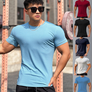 Spring and Summer New Fashion Men's Short-sleeved T-shirt New Men's Pullover Solid Color Base Shirt Striped