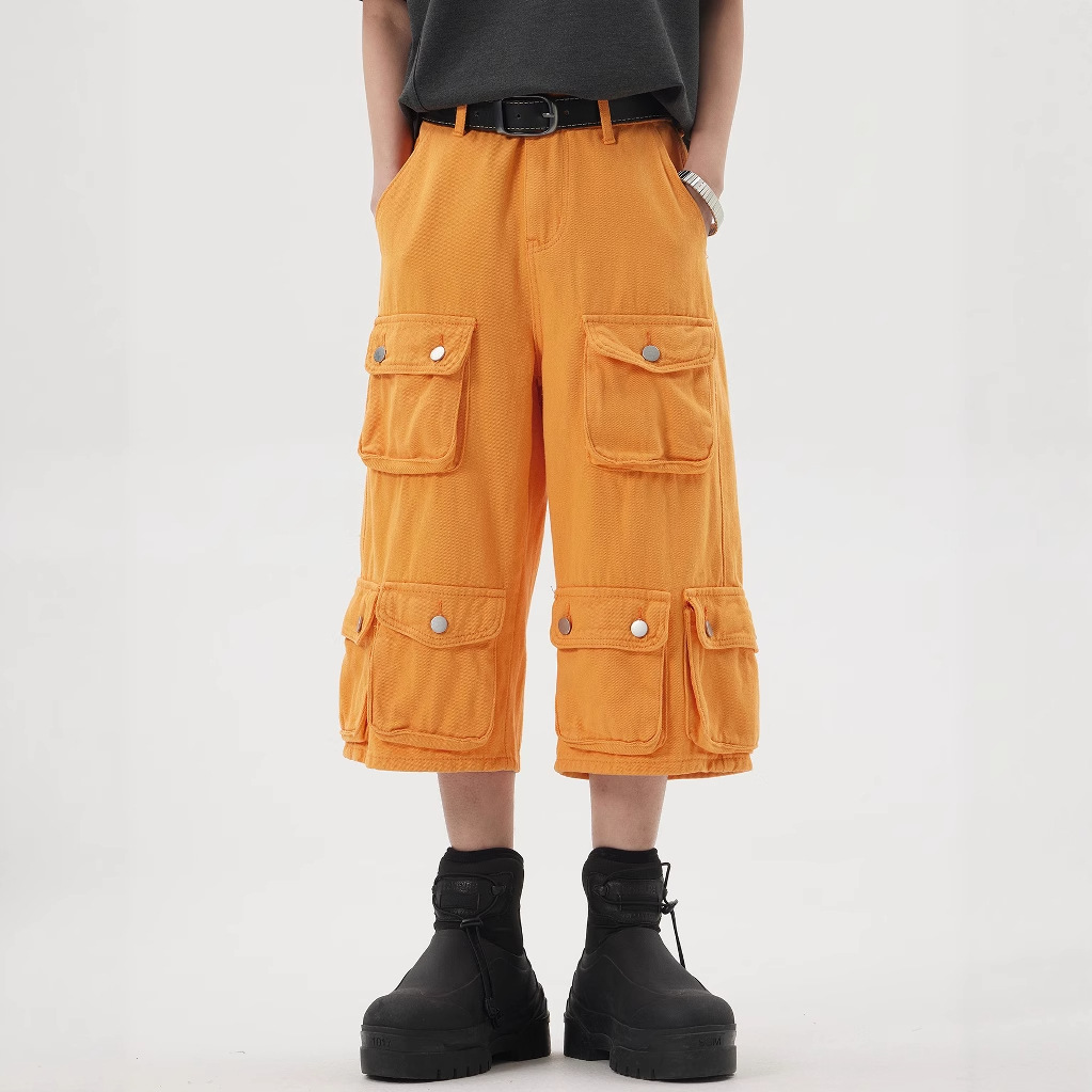 2025 Retro Multi-Pocket Cargo Pants Men's High Street Straight Loose Wide-Leg Pants Cropped Pants Casual Pants Shorts