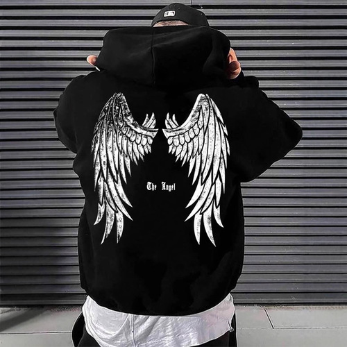 Angel's Wings Printing Male Hoody O-Neck All Match Loose Swe