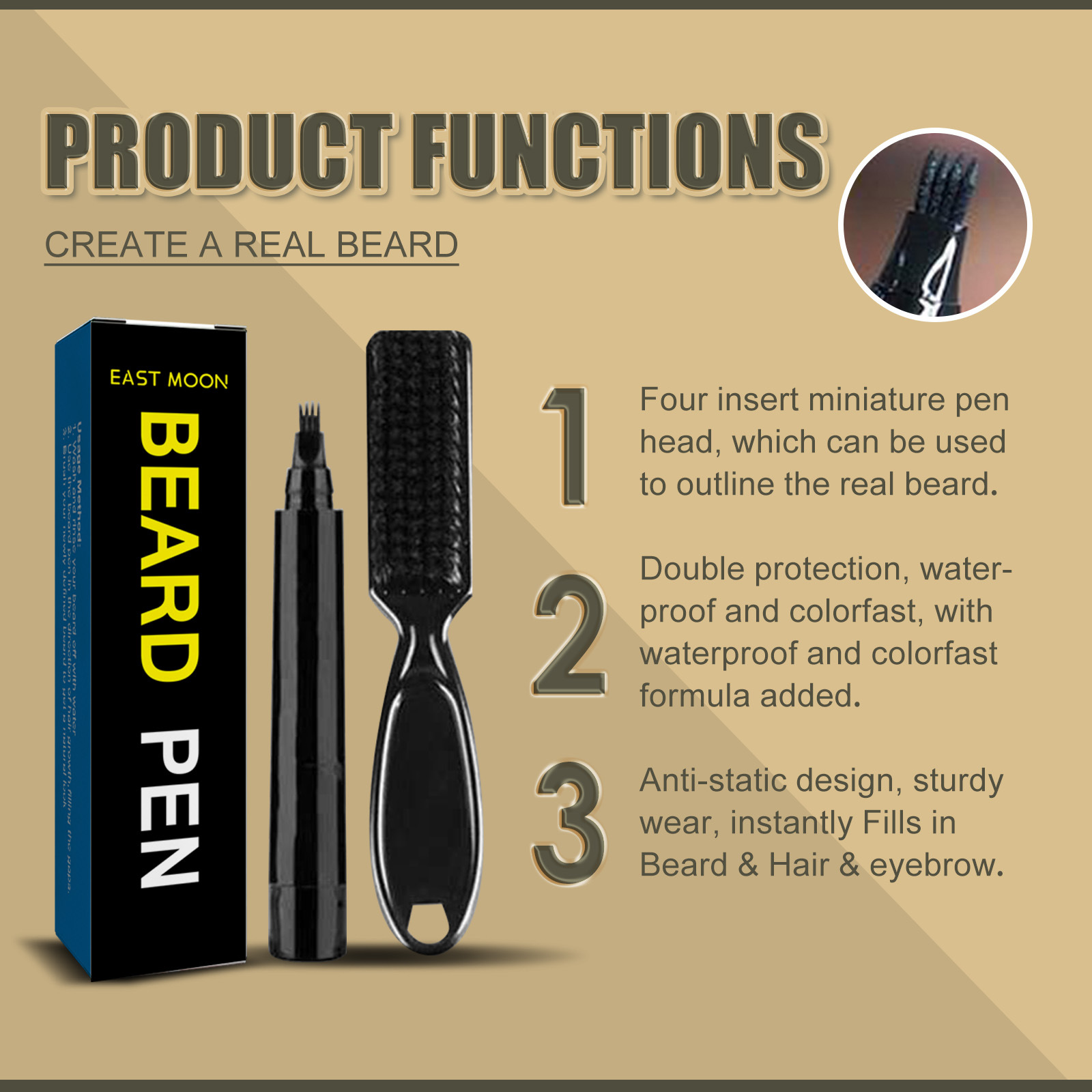 Vodotěsný kartáč na vousy East Moon pro muže s perem Barb Shape Filler Pen_voghion.com