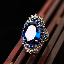 纯银日韩复古宝石泰银戒指女士银饰品红石榴石首饰指环装饰蓝水晶