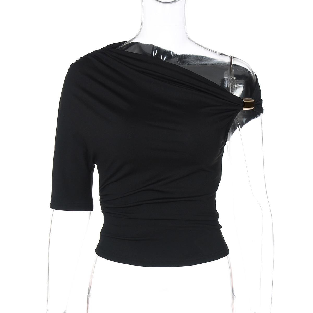 Camiseta ajustada asimétrica con pliegues y hombros descubiertos de color liso para mujer