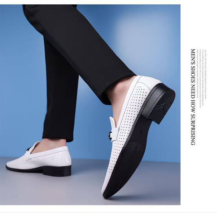 Giày da nam công sở mũi vuông kiểu lười, da siêu sợi thoáng khí — Màu trắng, màu đen chi tiết 18