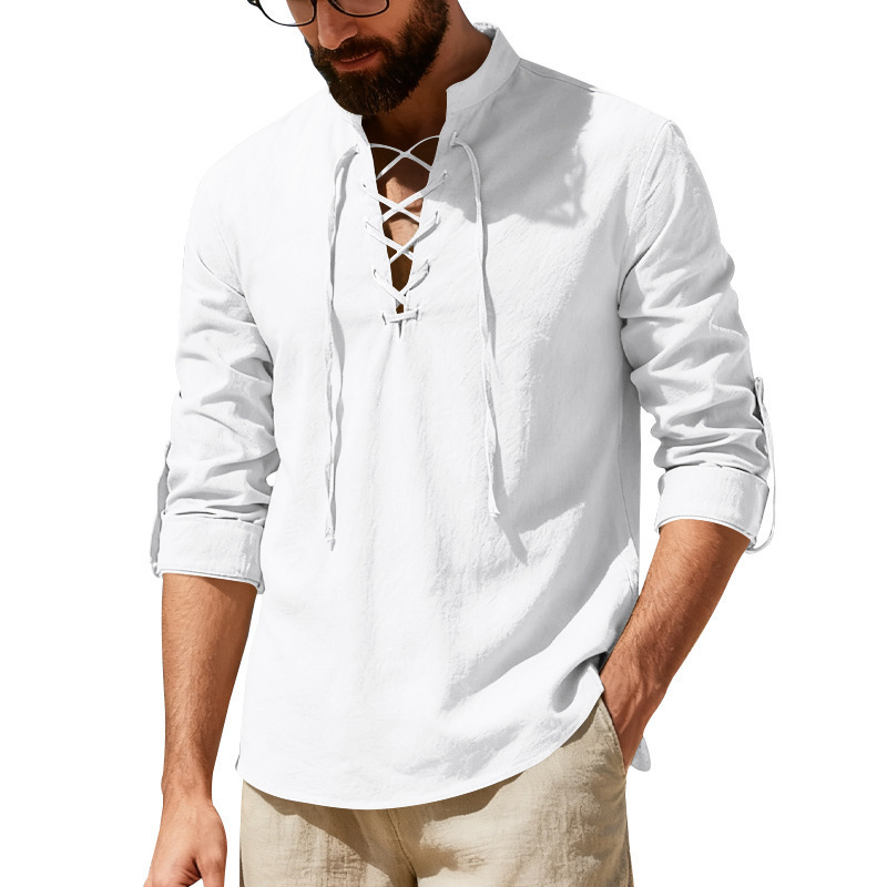 2026 Cross-Border Men's European and American Amazon Spring and Summer Linen Henley Shirt Long-Sleeve Casual Beach Tie-Neck Shirt 2026 Cross-Border Men's European and American Amazon Spring and Summer Linen Henley Shirt Long-Sleeve Casual Beach Tie-Neck Shirt