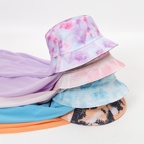 Cross-border new fashion set scarf, solid color chiffon and tie-dyed fisherman hat in one 2-piece scarf hat wholesale