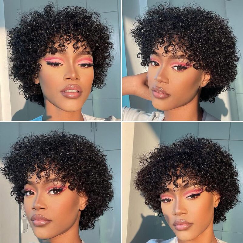 Amazon European and American wig African women's black short curly hair with bangs small volume manufacturer in stock one piece wholesale