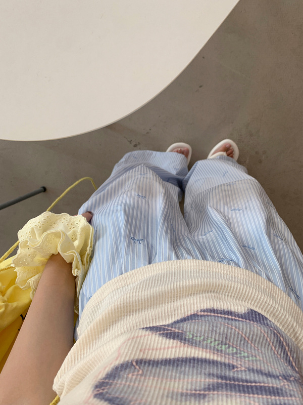 夏日蓝色竖纹蝴蝶结刺绣休闲裤女2025新款小个子独特设计感直筒裤|undefined