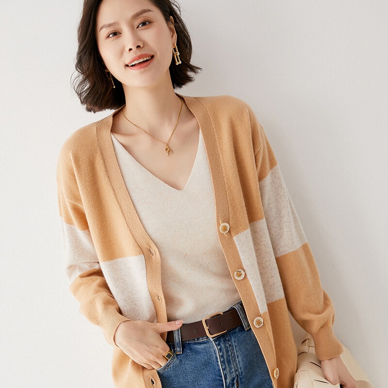 2022 Autumn and Winter New Cashmere Sweater Women's V-neck Long Sleeve Color-block Wool Cardigan Korean Style Loose Fashion Knitted Jacket